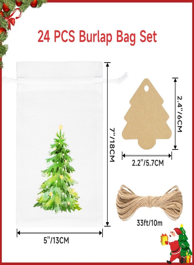 G2PLUS 24Pcs Christmas Drawstring Burlap Gift Bags - 5X7 In Christmas Advent Calendar Bags, 4 Design Xmas Tree Burlap Bag, White Treat Goody Bag for Xmas Holiday Party Favors - Image 2